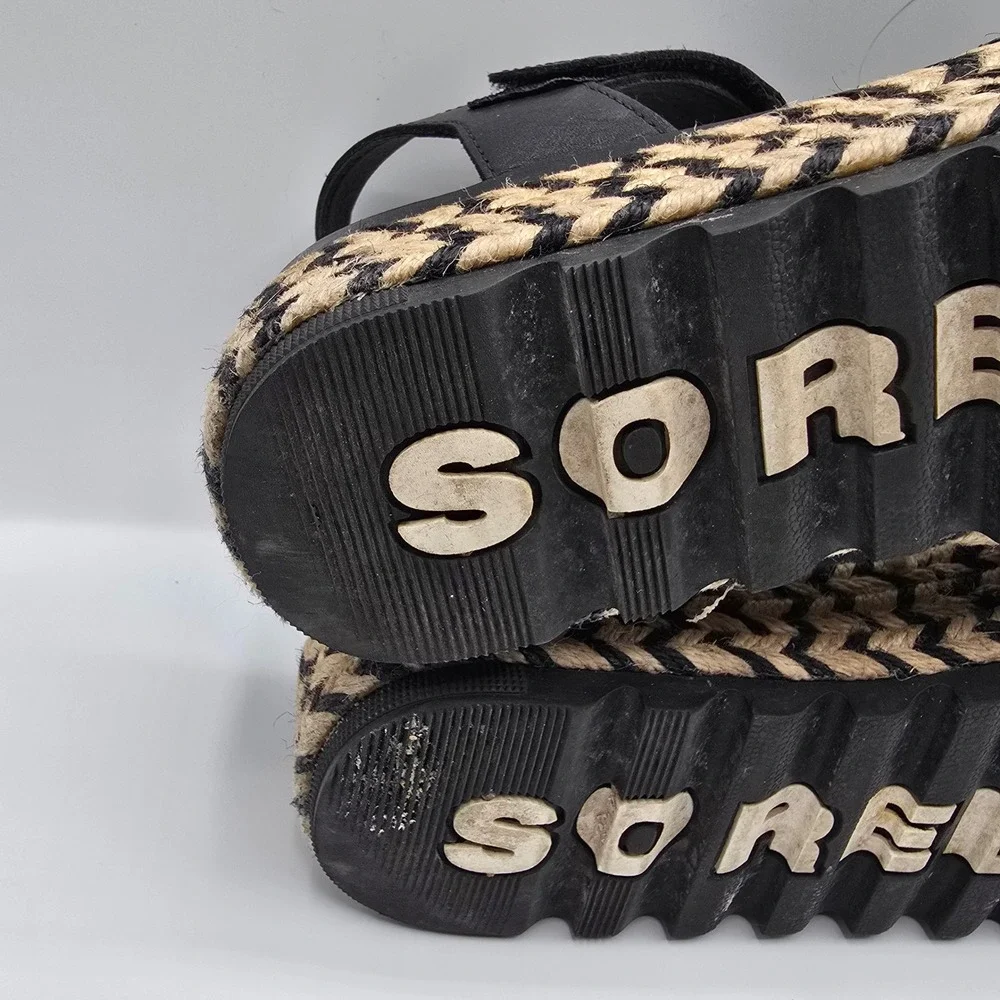 Sorel‎ Black Leather Espadrille Flatform Ankle Strap Platform Sandals 7.5